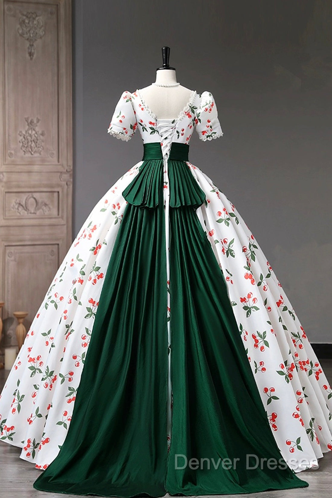 Cute Cherry Pattern Long Princess Prom Dress, White A-Line Evening Party Dress