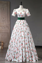 Cute Cherry Pattern Long Princess Prom Dress, White A-Line Evening Party Dress