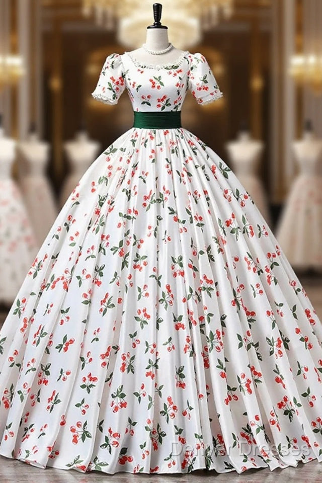 Cute Cherry Pattern Long Princess Prom Dress, White A-Line Evening Party Dress