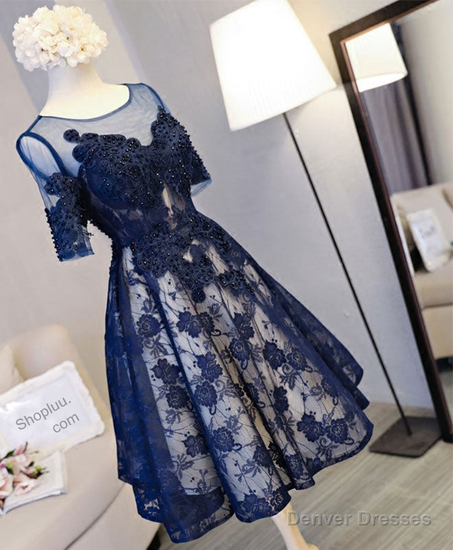 Cute Dark Blue Lace Short Prom Dress, Blue Homecoming Dress Main image
