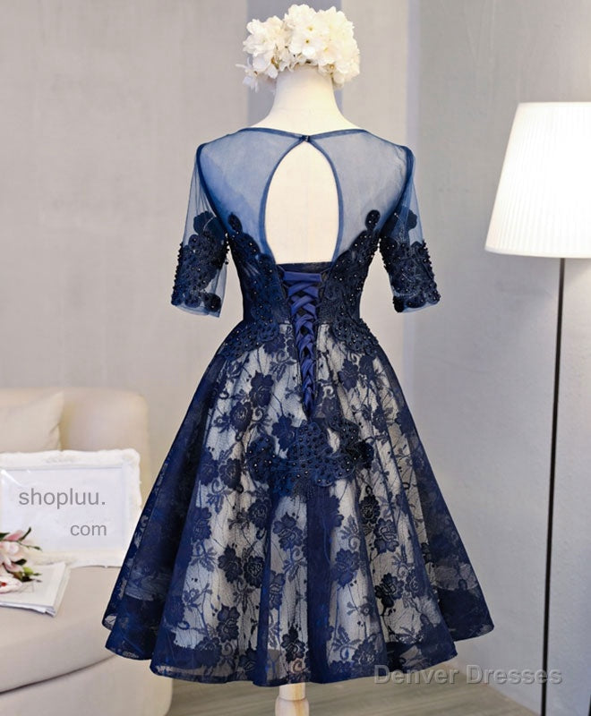 Cute Dark Blue Lace Short Prom Dress, Blue Homecoming Dress
