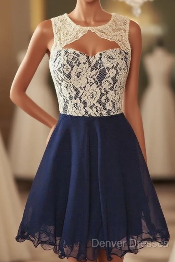 Cute Dark Navy Homecoming Dress Lace Open Back Short Formal Dress Main image