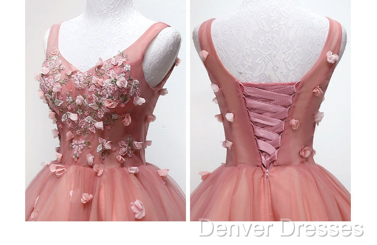 Cute Dark Pearl Pink Knee Length V-Neckline Flower Homecoming Dress, New Party Dress