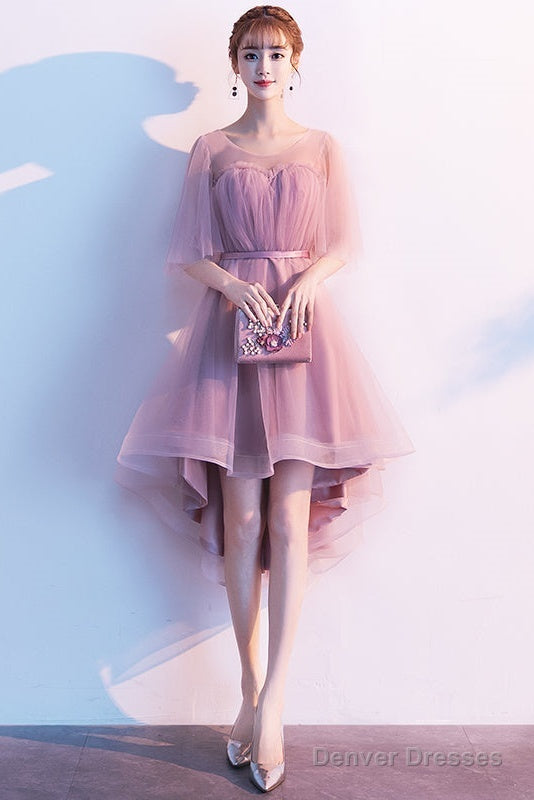 Cute Dark Pink High Low Tulle Round Neckline Party Dress, Short Pink Homecoming Dresses