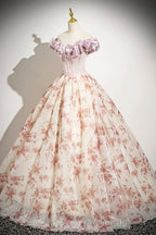 Cute Floral Floor Length Prom Dress With Corset, A-Line Off The Shoulder Evening Party Dress