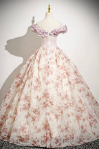 Cute Floral Floor Length Prom Dress With Corset, A-Line Off The Shoulder Evening Party Dress