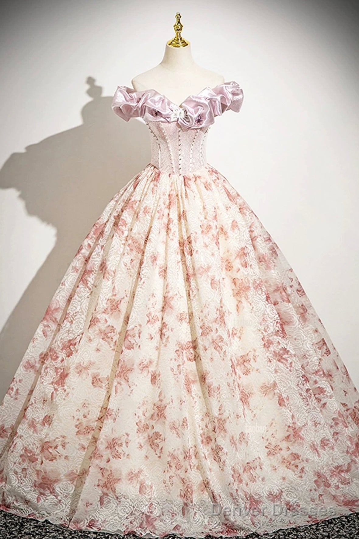 Cute Floral Floor Length Prom Dress With Corset, A-Line Off The Shoulder Evening Party Dress Main image