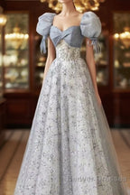 Cute Floral Printed Long Prom Dress  A Line Puff Sleeves Blue Party Gown