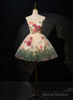 Cute Flowers Round Neckline Light Champagne Party Dress, Short Cute Prom Dress