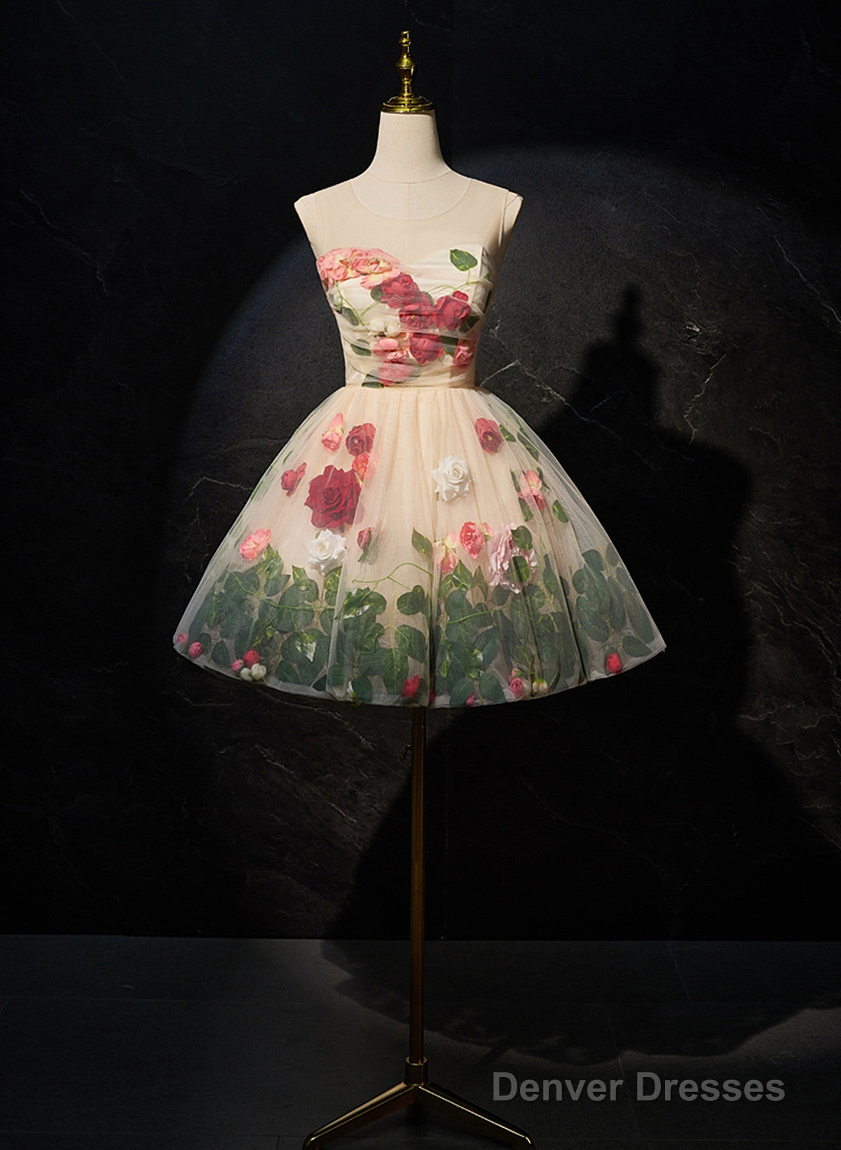 Cute Flowers Round Neckline Light Champagne Party Dress, Short Cute Prom Dress