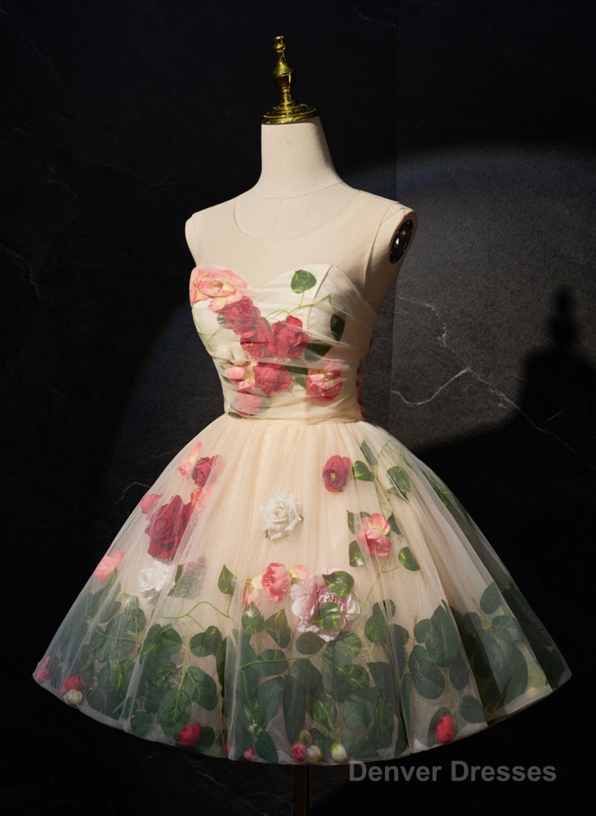 Cute Flowers Round Neckline Light Champagne Party Dress, Short Cute Prom Dress