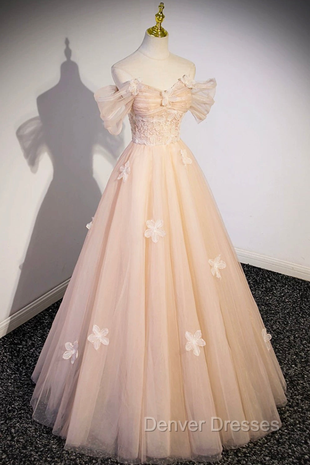 Cute Flowers Tulle Long Formal Dress, Off Shoulder Evening Dress