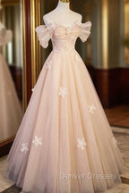 Cute Flowers Tulle Long Formal Dress, Off Shoulder Evening Dress
