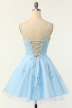 Cute Glitter Blue Homecoming Dress A Line Sequins Short Prom Dress with Appliques