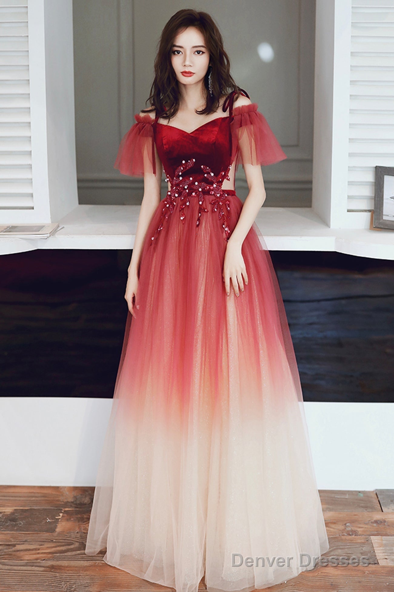 Cute Gradient Tulle Long A-Line Prom Dress, Burgundy Off The Shoulder Evening Dress Main image