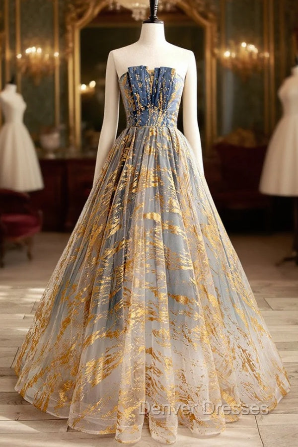 Cute Gradient Tulle Long Formal Dress, A-Line Strapless Prom Dress Evening Dress Main image