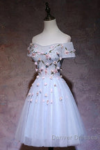 Cute Gray Blue Tulle Short Prom Dress, Off The Shoulder Homecoming Dress