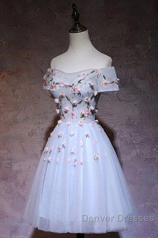 Cute Gray Blue Tulle Short Prom Dress, Off The Shoulder Homecoming Dress