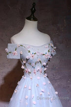 Cute Gray Blue Tulle Short Prom Dress, Off The Shoulder Homecoming Dress