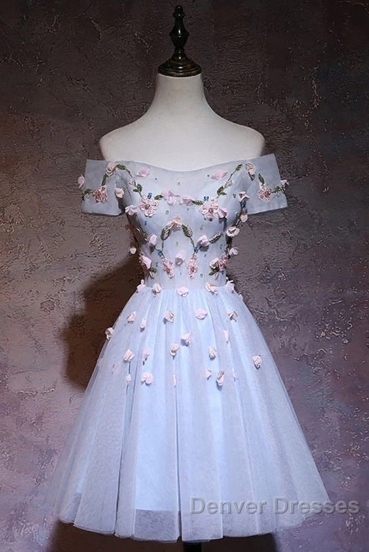 Cute Gray Blue Tulle Short Prom Dress, Off The Shoulder Homecoming Dress