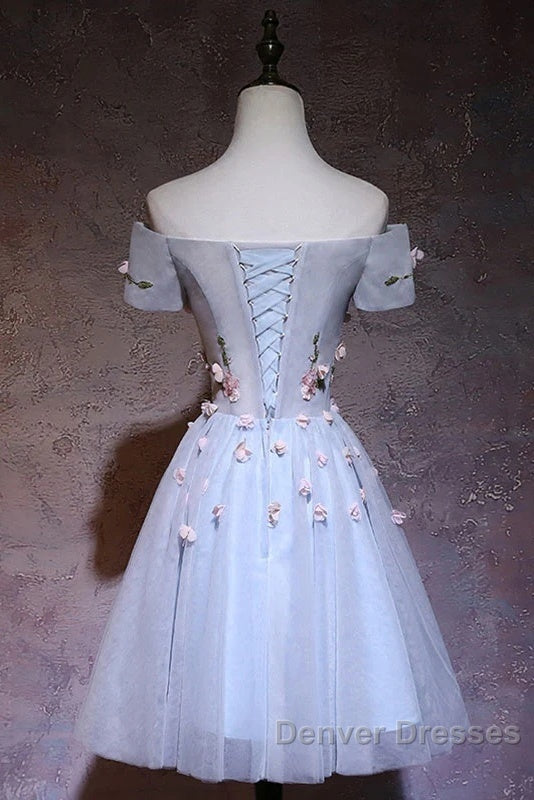 Cute Gray Blue Tulle Short Prom Dress, Off The Shoulder Homecoming Dress
