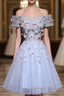 Cute Gray Blue Tulle Short Prom Dress, Off The Shoulder Homecoming Dress