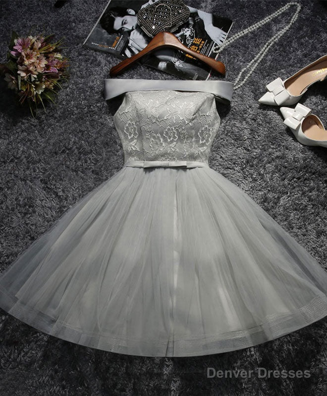 Cute Gray Lace Tulle Short Prom Dress, Gray Homecoming Dress Main image