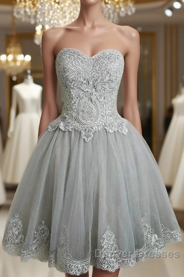 Cute Gray Tulle Lace Short Prom Dress, Gray Homecoming Dress Main image