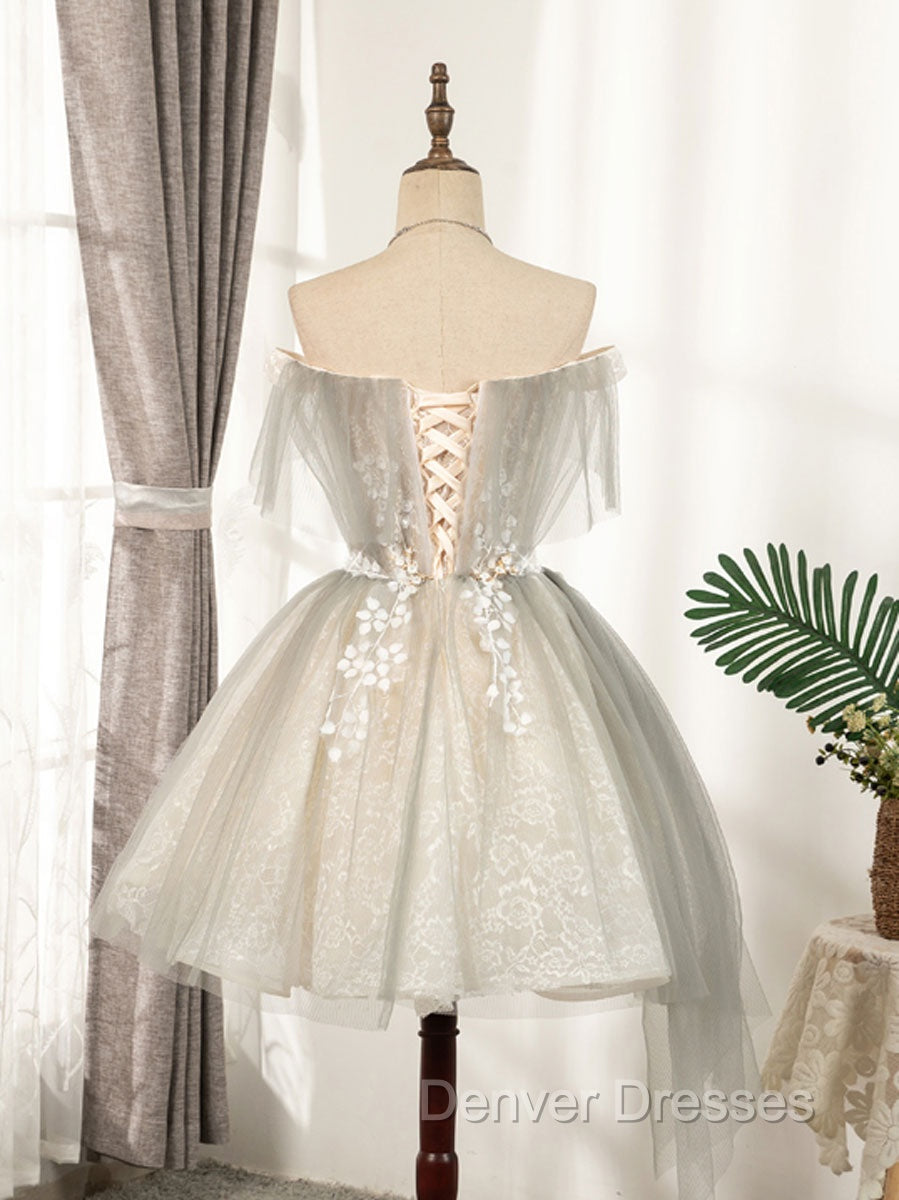 Cute Gray Tulle Lace Short Prom Dress, Gray Tulle Puffy Homecoming Dress