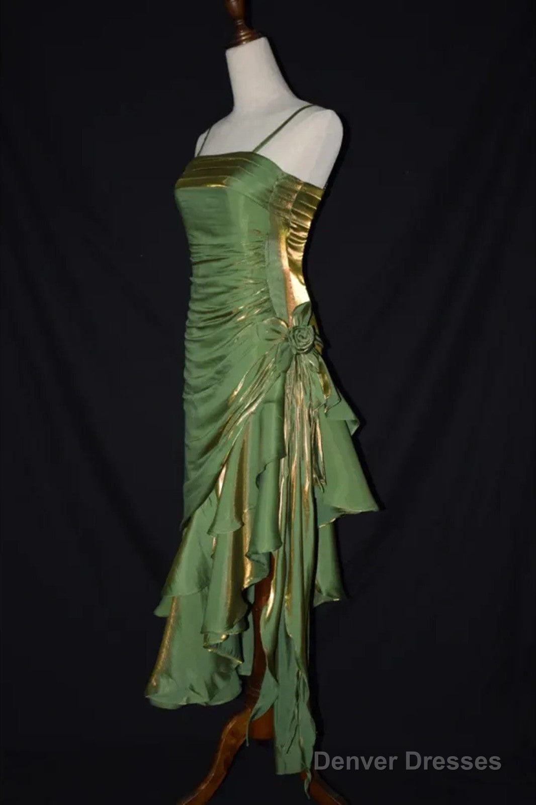 Cute Green Straps High Low Satin Chic Party Dress, Green Prom Dress Evening Dress Secondary image