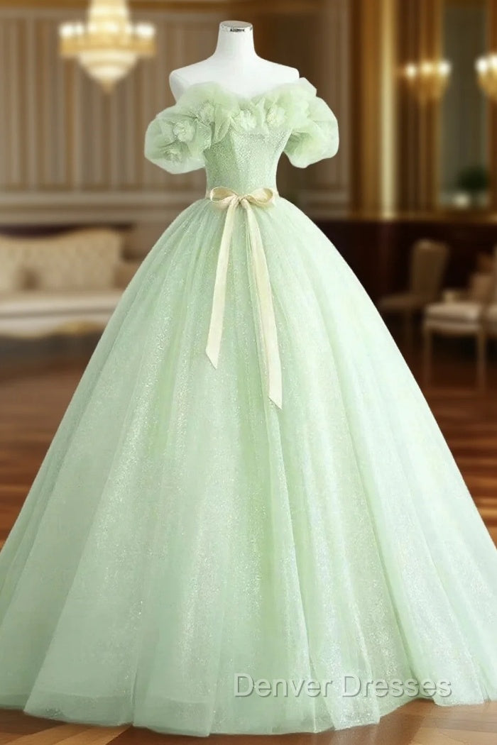 Cute Green Tulle Ball Gown Sweetheart Party Dress, Green Shiny Tulle Prom Dress Main image