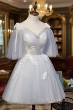 Cute Grey Tulle Straps Short Homecoming Dress Grey Party Dress, Tulle Bridesmaid Dress