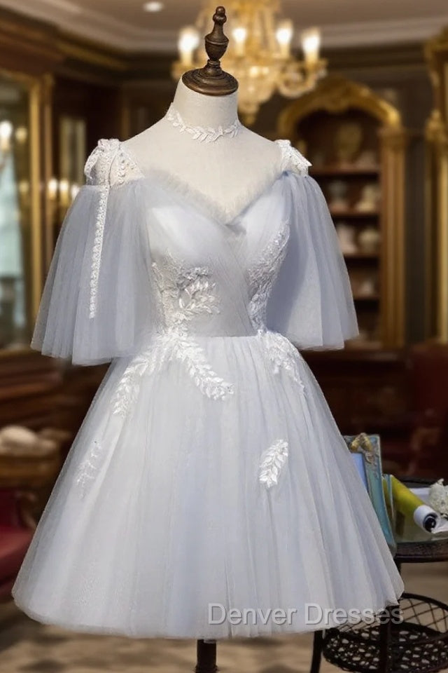 Cute Grey Tulle Straps Short Homecoming Dress Grey Party Dress, Tulle Bridesmaid Dress