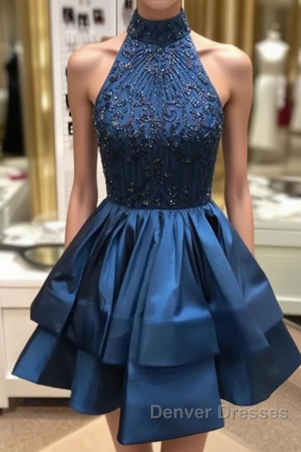 Cute High-Neck Sequin Beaded Short Blue Prom Dress, Blue Homecoming Dress