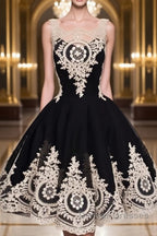 Cute Lace Applique Black Short Prom Dress, Lace Applique Homecoming Dress