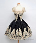 Cute Lace Applique Black Short Prom Dress, Lace Applique Homecoming Dress