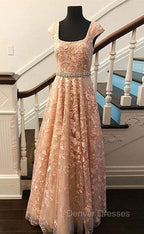 Cute Lace Champagne Prom Dress, Lace Evening Dress