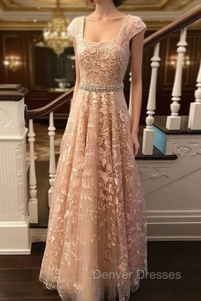 Cute Lace Champagne Prom Dress, Lace Evening Dress