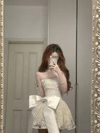 Cute Lace Pearl Bow Strapless A-Line Mini 17Th Birthday Homecoming Dress
