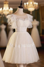 Cute Lace Short A-Line Prom Dress, Champagne Mini Homecoming Party Dress