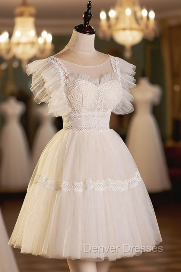 Cute Lace Short A-Line Prom Dress, Champagne Mini Homecoming Party Dress