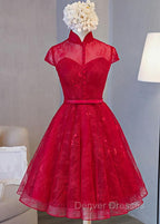 Cute Lace Short Cap Sleeves Homecoming Dress, Red Short Party Dress