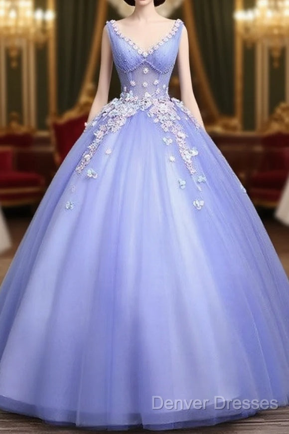 Cute Lavender Tulle Ball Gown V-Neckline Sweet 16 Dress, Light Purple Formal Dress Main image