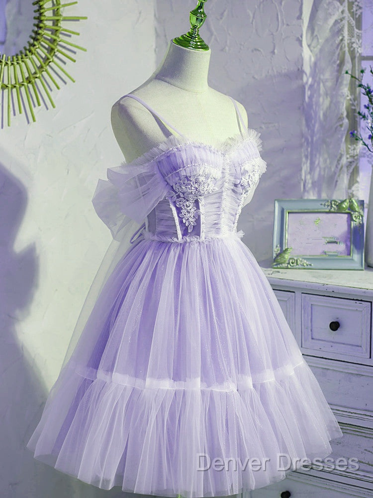Cute Lavender Tulle Short Straps Homecoming Dresss, Tulle Sweetheart Prom Dress
