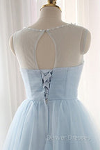 Cute Light Blue Homecoming Dress With Belt, Lovely Short Prom Dress