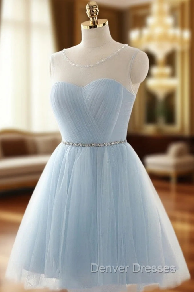 Cute Light Blue Homecoming Dress With Belt, Lovely Short Prom Dress Main image