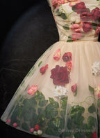 Cute Light Champagne Tulle With Flowers Party Dress, Cute Short Prom Dress Party Dress