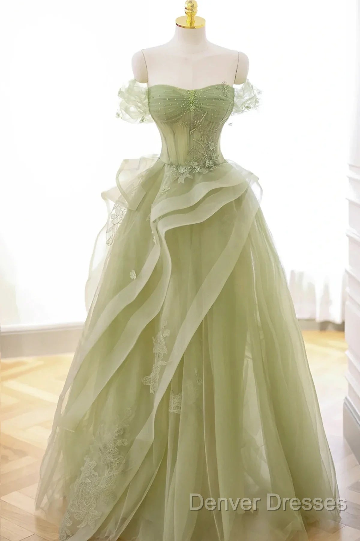 Cute Light Green A-Line Beaded Tulle Party Dress, Light Green Long Prom Dress Secondary image