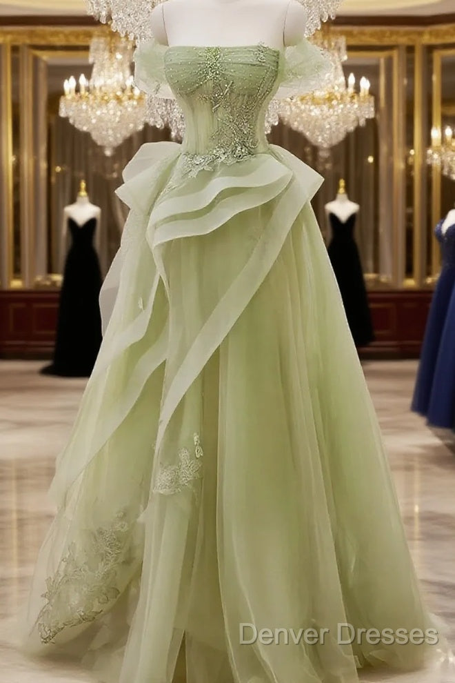 Cute Light Green A-Line Beaded Tulle Party Dress, Light Green Long Prom Dress