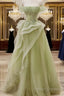 Cute Light Green A-Line Beaded Tulle Party Dress, Light Green Long Prom Dress